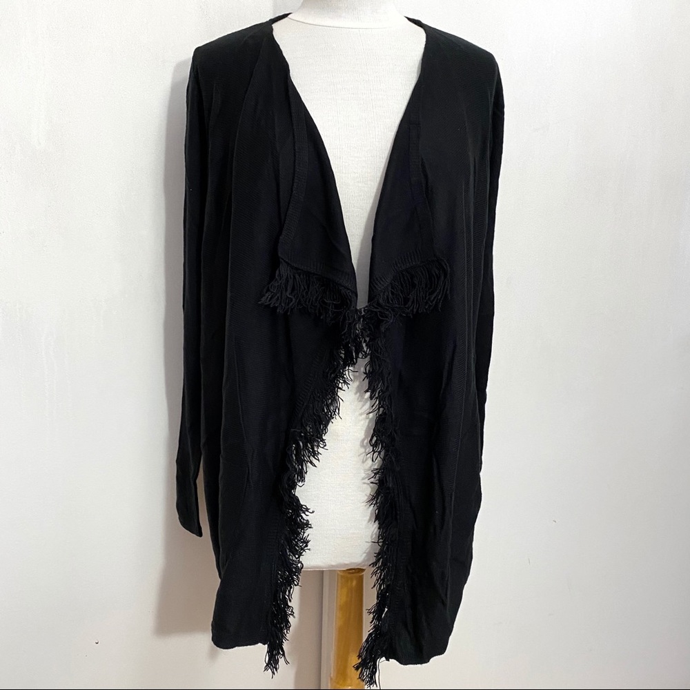 Lisa Rinna Collection Black Open-Front Fringe Cardigan